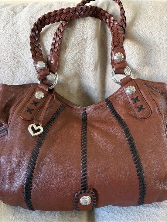 Brighton Handbags - Vintage Brighton Braided Handle Brown Leather Shoulder Bag with Heart Charm